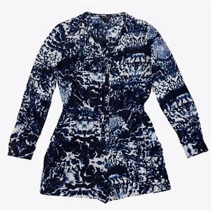 Rare Intermix Roxy Silk Romper S | Blue Abstract Print, Button Front, 100% Silk